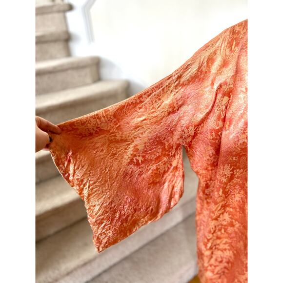 Vintage 60s Peach Orange Satin Chinoiserie Full Length Kimono Duster - Picture 3 of 9
